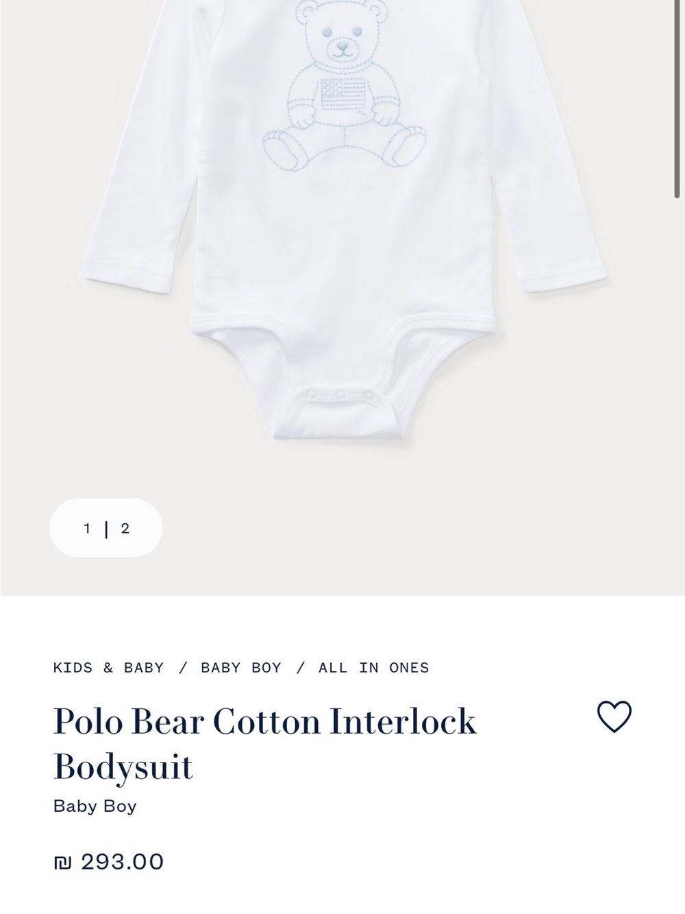 Ralph Lauren White Long-Sleeve Polo Bear Bodysuit with Blue Embroidery